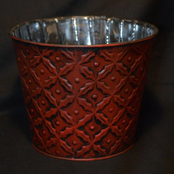 McCann Brothers Red Tin Planter Cachepot Flower Pot Holder 5 1/4 in Lined - Picture 2 of 4